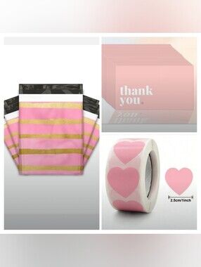 30pc- Striped Poly Mailers- Thank You Cards & Heart Sticker Bundle (Pink 🩷)